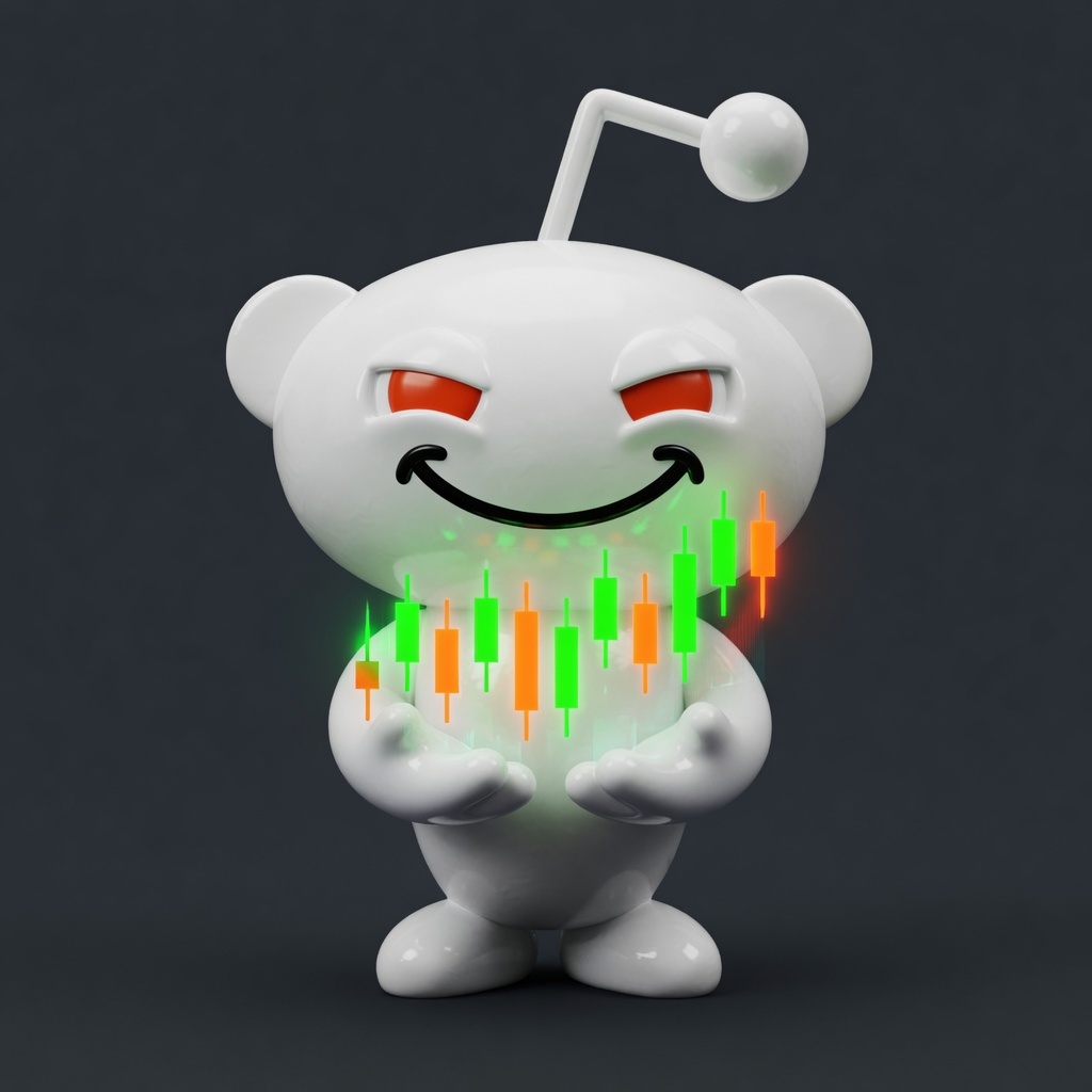 Snoo holding a candlestick chart