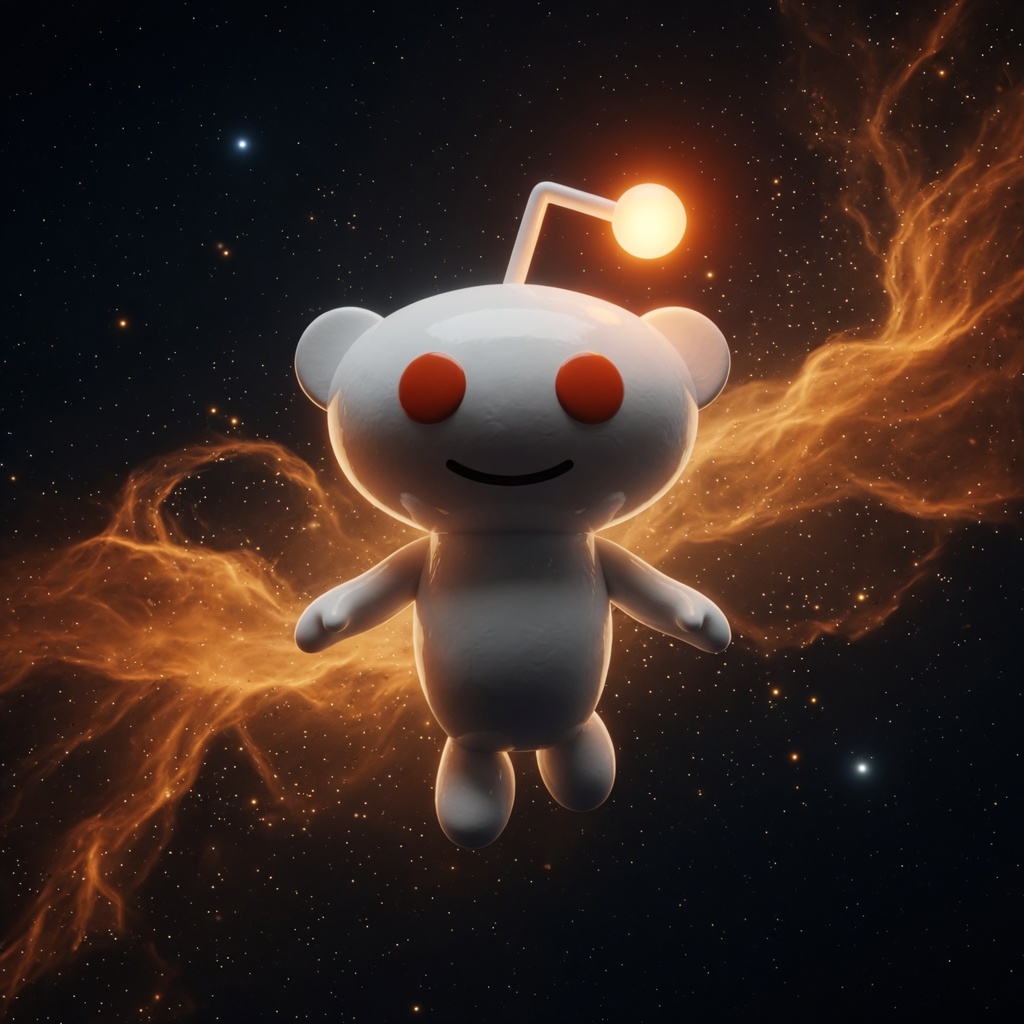 Snoo floating in an orange nebula